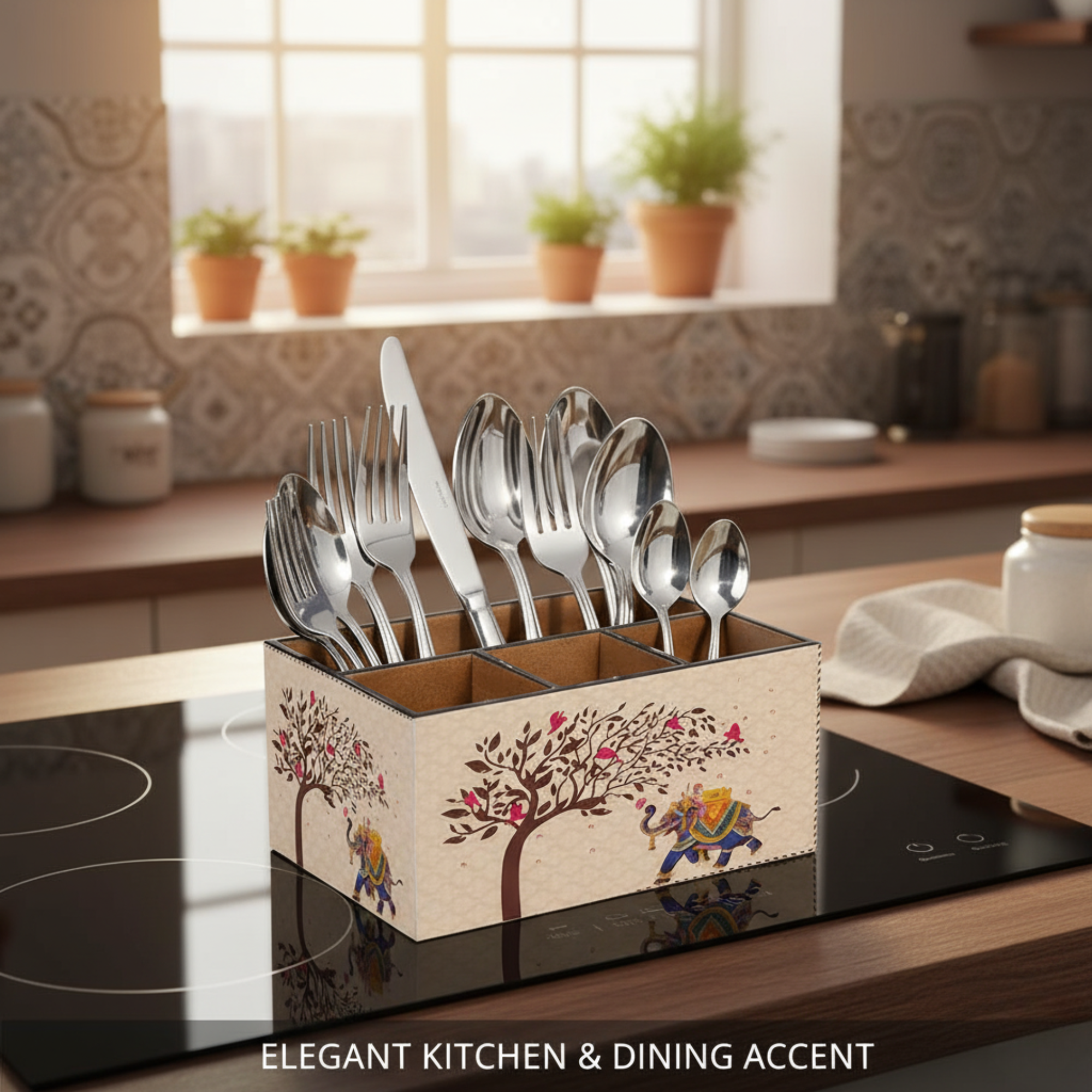 Wooden Cutlery Holder for Kitchen | Spoon Stand & Spoon Holder for Dining Table|4 Compartment Yellow Floral Design (L9.3 x W4.5 x H6.5 Inches)