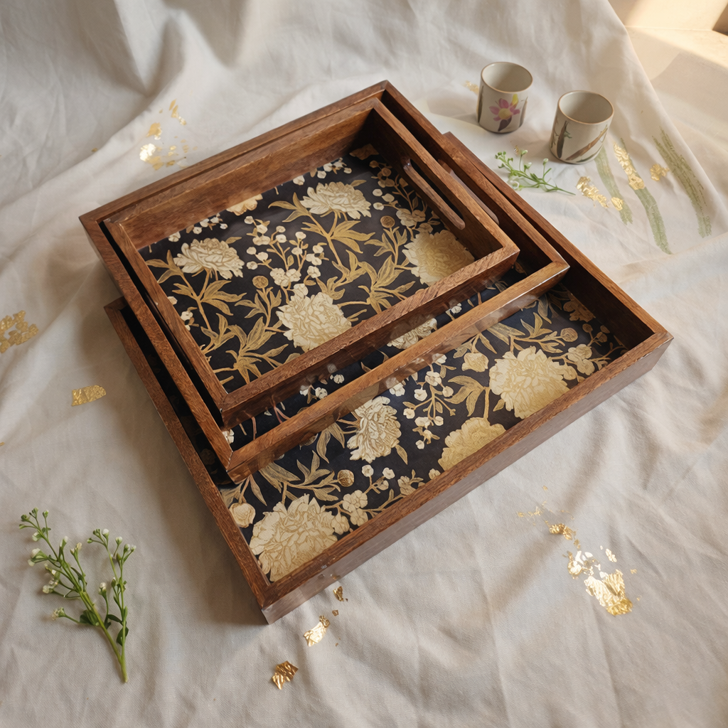 Serving Tray Set 3 with Gold Engraving | Wooden Tray Set 3 |Wooden Tray Decoration | Enamel Coated Waterproof |Size : 16 x 10 inch, 14 x 8 inch & 12 x 6 inch (Set 3)