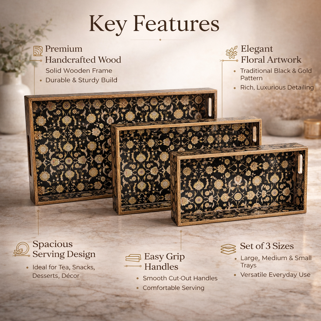 Black Design Set of 3 Rectangular Wooden Serving Trays (16", 14", 12") | Premium Mango Wood Tray Set for Kitchen, Dining, Tea/Coffee, Breakfast & Home Décor | Handcrafted Decorative Wooden Trays for Gift & Serving