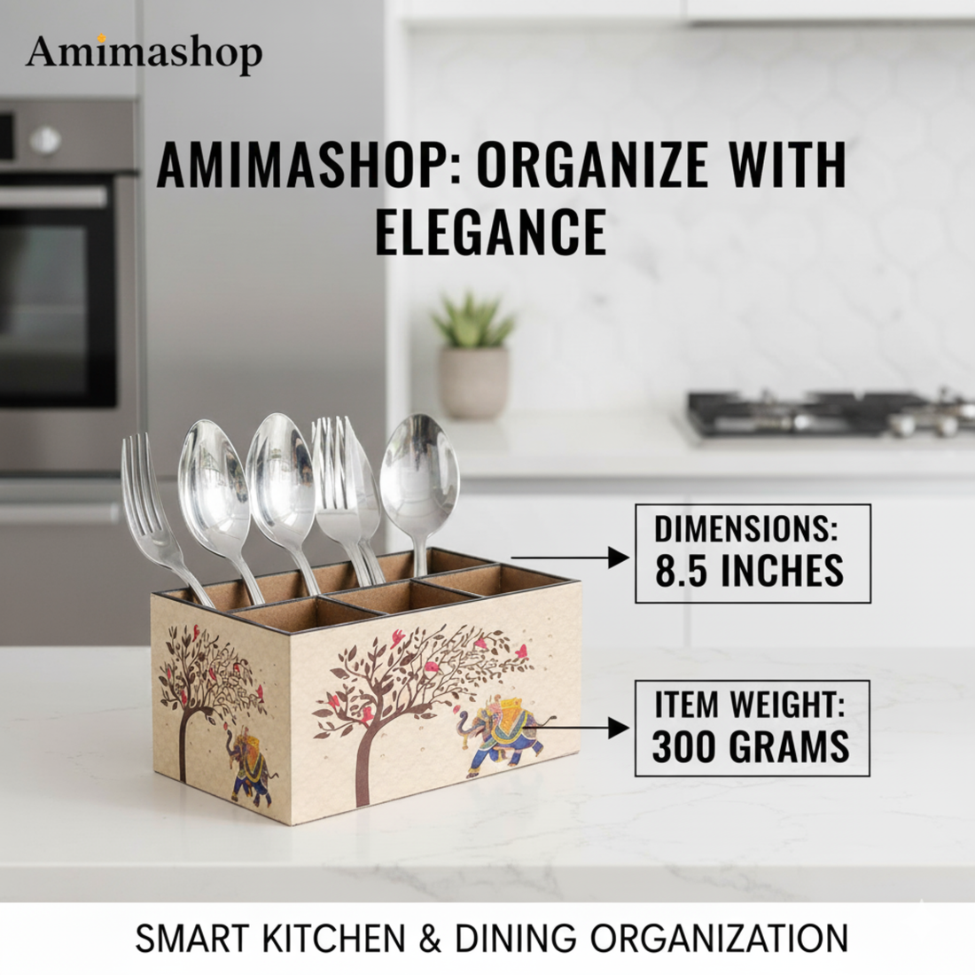 Wooden Cutlery Holder for Kitchen | Spoon Stand & Spoon Holder for Dining Table|4 Compartment Yellow Floral Design (L9.3 x W4.5 x H6.5 Inches)