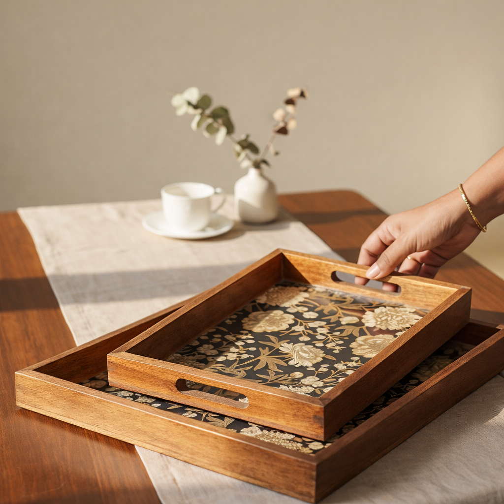 Serving Tray Set 2 | Wooden Tray Set |Wooden Tray Decoration| Enamel Coated Waterproof |Size : 14 x 8 inch & 12 x 6 inch (Set of 2)