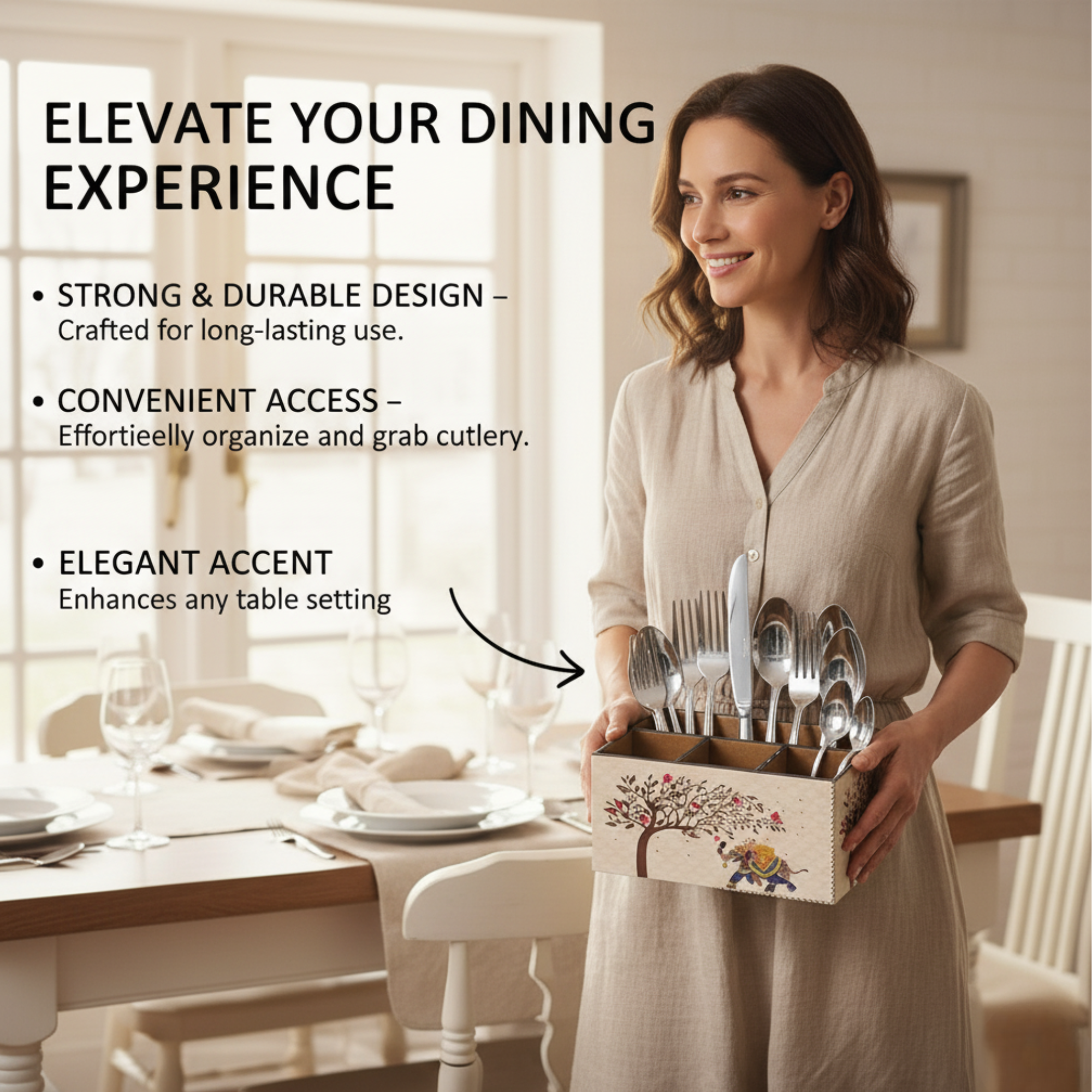 Wooden Cutlery Holder for Kitchen | Spoon Stand & Spoon Holder for Dining Table|4 Compartment Yellow Floral Design (L9.3 x W4.5 x H6.5 Inches)