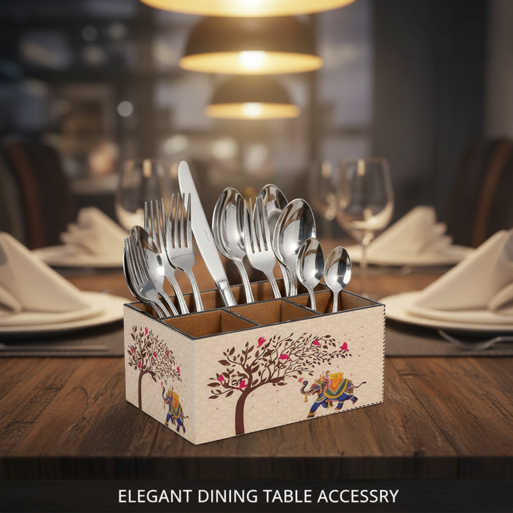 Wooden Cutlery Holder for Kitchen | Spoon Stand & Spoon Holder for Dining Table|4 Compartment Yellow Floral Design (L9.3 x W4.5 x H6.5 Inches)