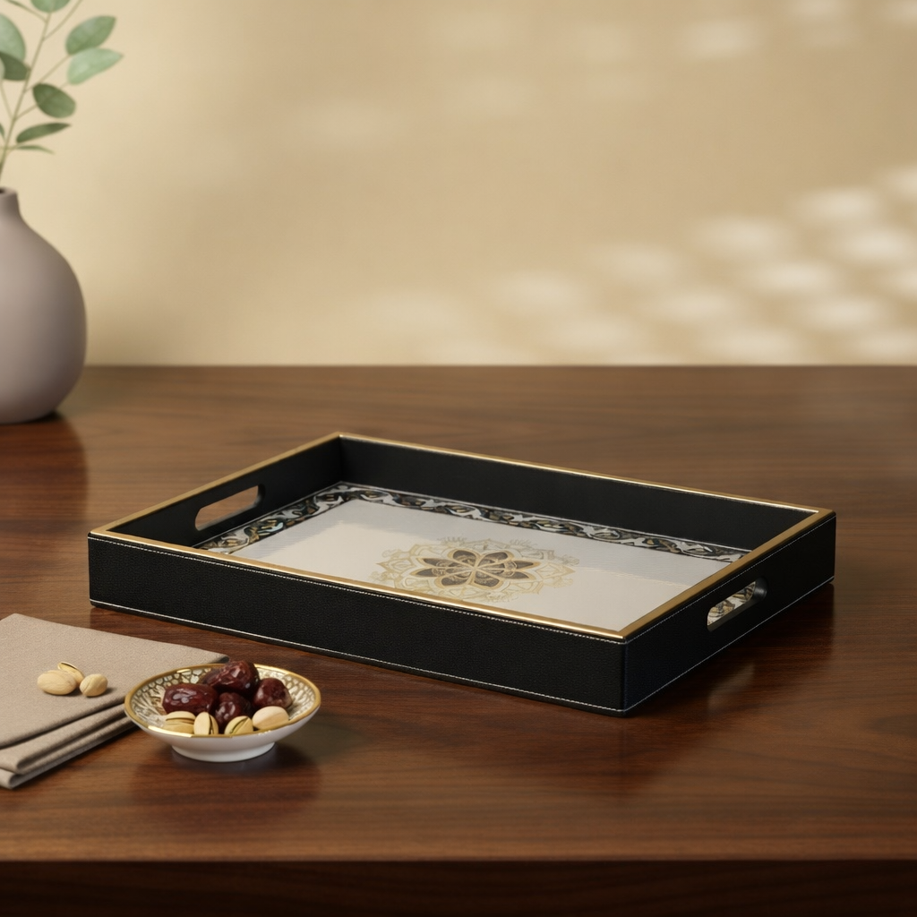 Large Wooden Serving Tray with Leather Finish | Big Size Rectangular Tray for Serving Tea, Coffee & Breakfast | 16 x 14 Inch Premium Snack Tray(White+Black)