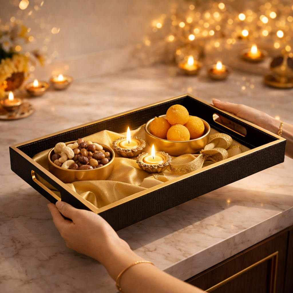 Large Wooden Serving Tray with Leather Finish | Big Size Rectangular Tray for Serving Tea, Coffee & Breakfast | 16 x 14 Inch Premium Snack Tray (BLACK)