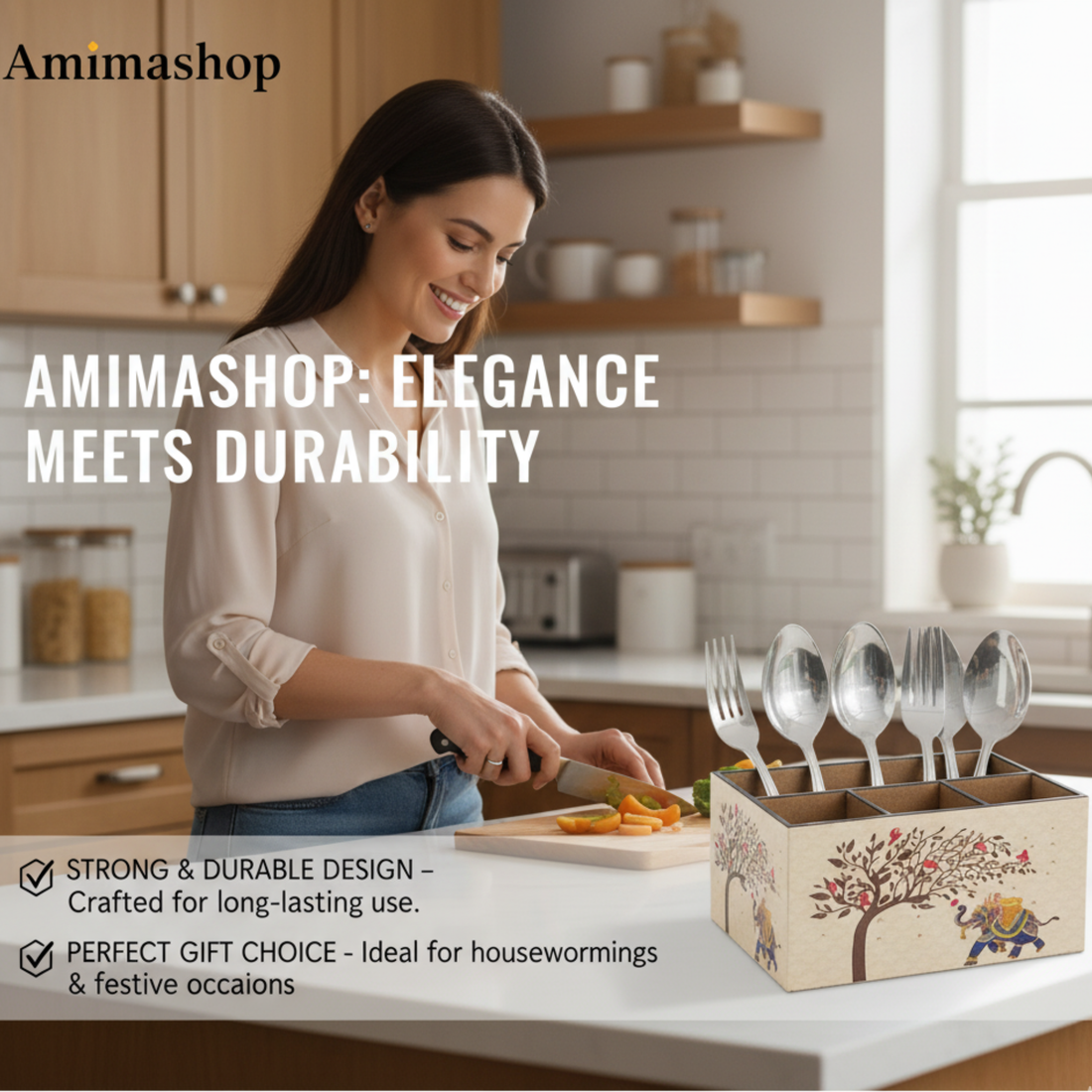 Wooden Cutlery Holder for Kitchen | Spoon Stand & Spoon Holder for Dining Table|4 Compartment Yellow Floral Design (L9.3 x W4.5 x H6.5 Inches)