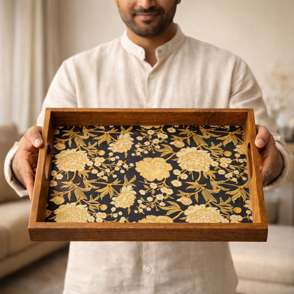 Serving Tray Large| Big Tray | Kitchen Serving Tray| | Wood Tray |Wooden Tray Decoration | Rectangular Serving Tray Waterproof | Wooden Tray Large Size of 16 x 10 inch (Set-1)