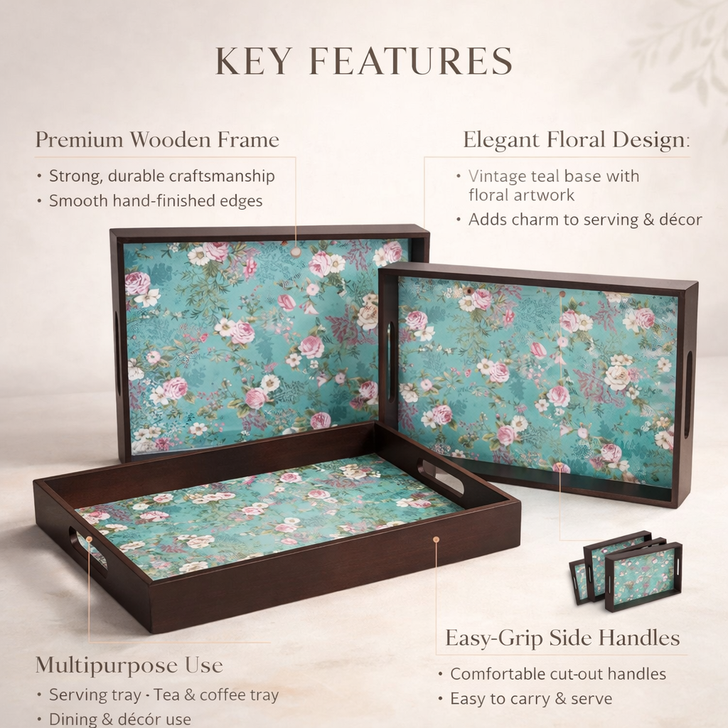 Wooden Tray Set of 3 – Large, Medium & Small Sizes|Handcrafted Wooden Tray Set for Gift & Serving