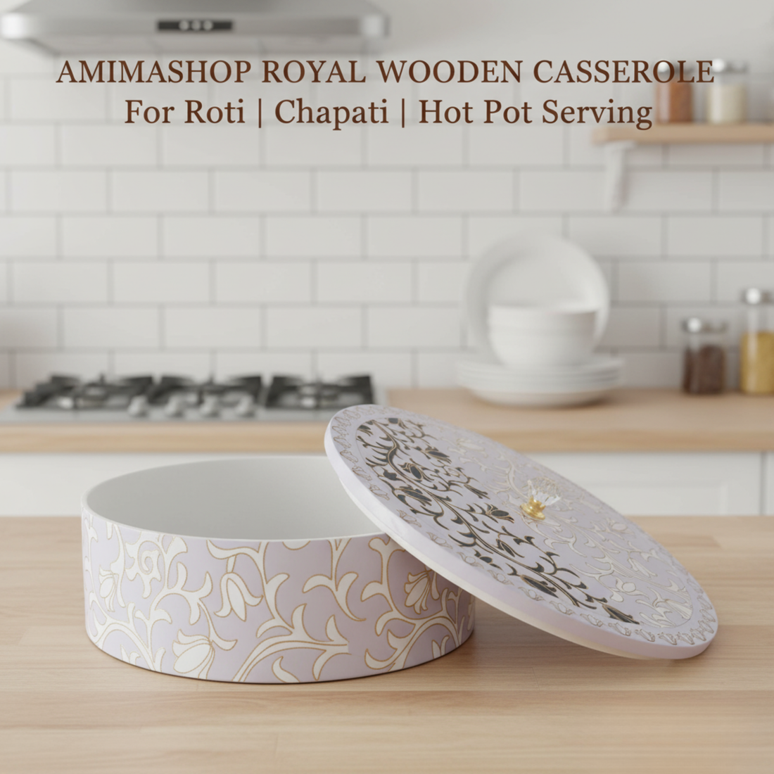 Wooden Casserole Set with Lid (9x9x4 Inches) | Premium Wood Chapati Box for Kitchen & Dining Table | Handmade Hot Casserole Bowl for Roti, Bread & Food Storage