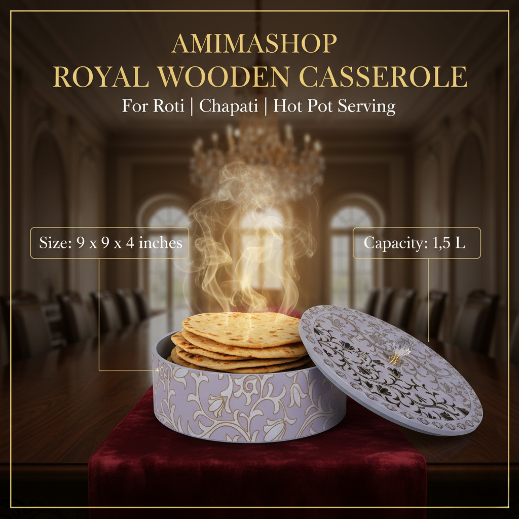 Wooden Casserole Set with Lid (9x9x4 Inches) | Premium Wood Chapati Box for Kitchen & Dining Table | Handmade Hot Casserole Bowl for Roti, Bread & Food Storage