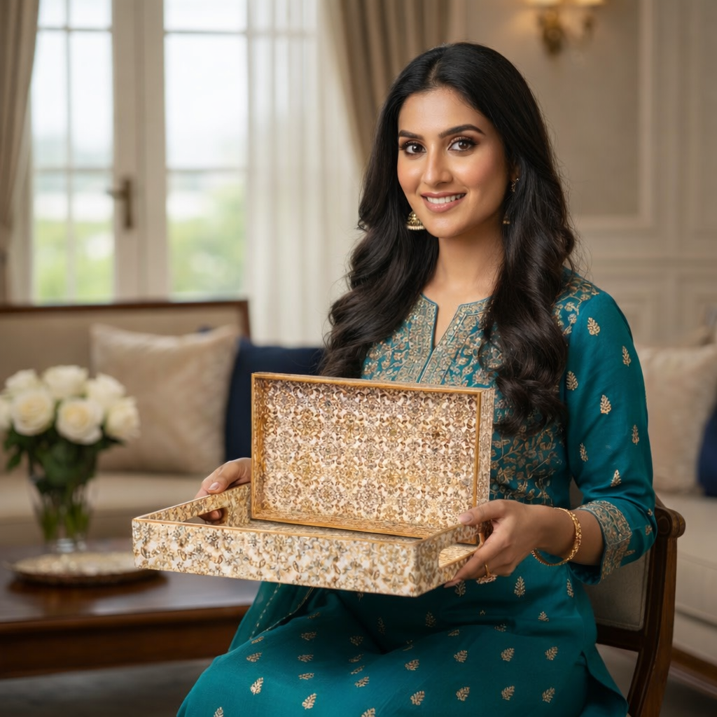 Gold Set of 3 Rectangular Wooden Serving Trays 16", 14", 12"