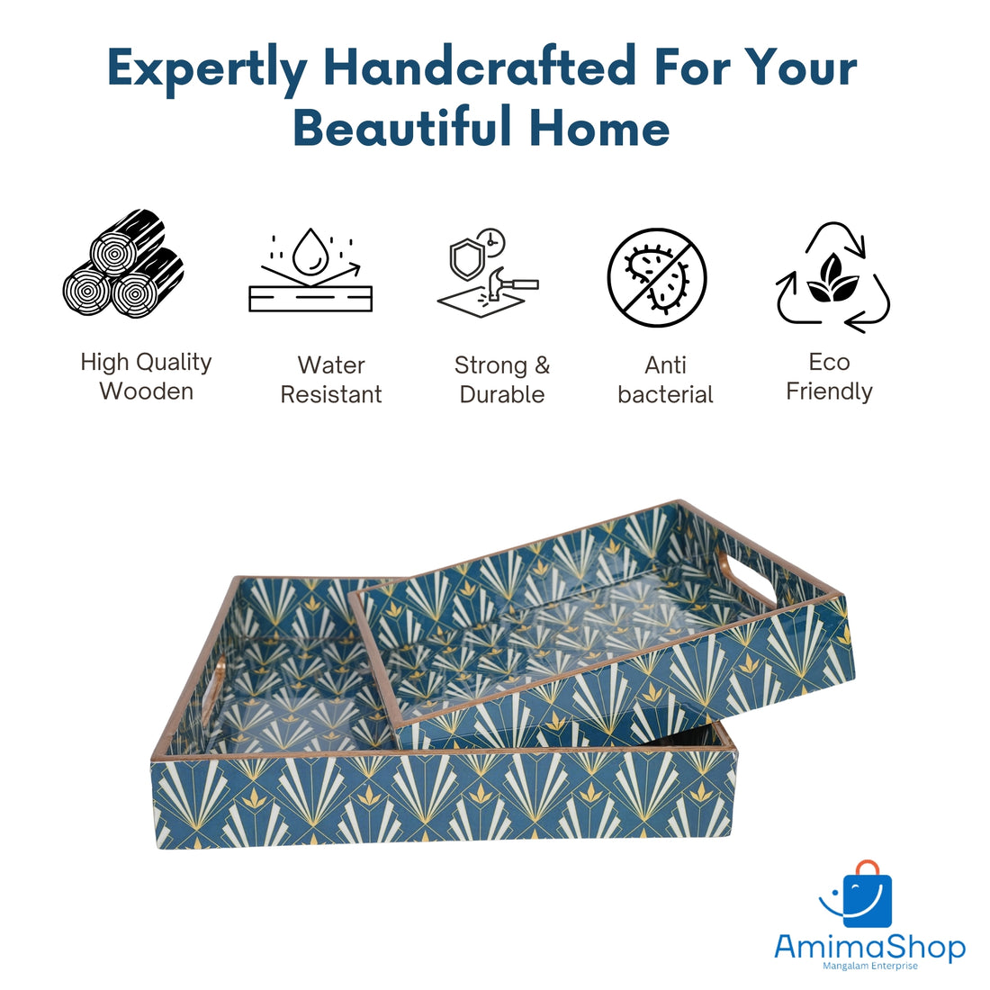 Amimashop® Blue Set of 2 Wooden Serving Trays 12"& 14"