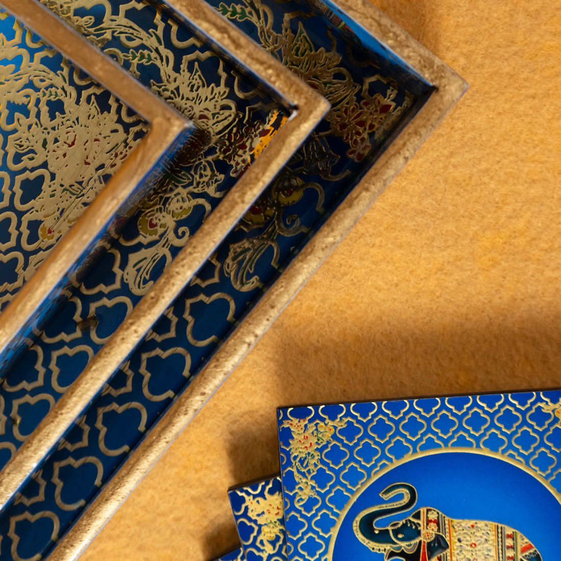 Premium Wooden Tray Set of 3 with 6 Coasters | Large, Medium & Small Sizes for Serving, Dining & Decor