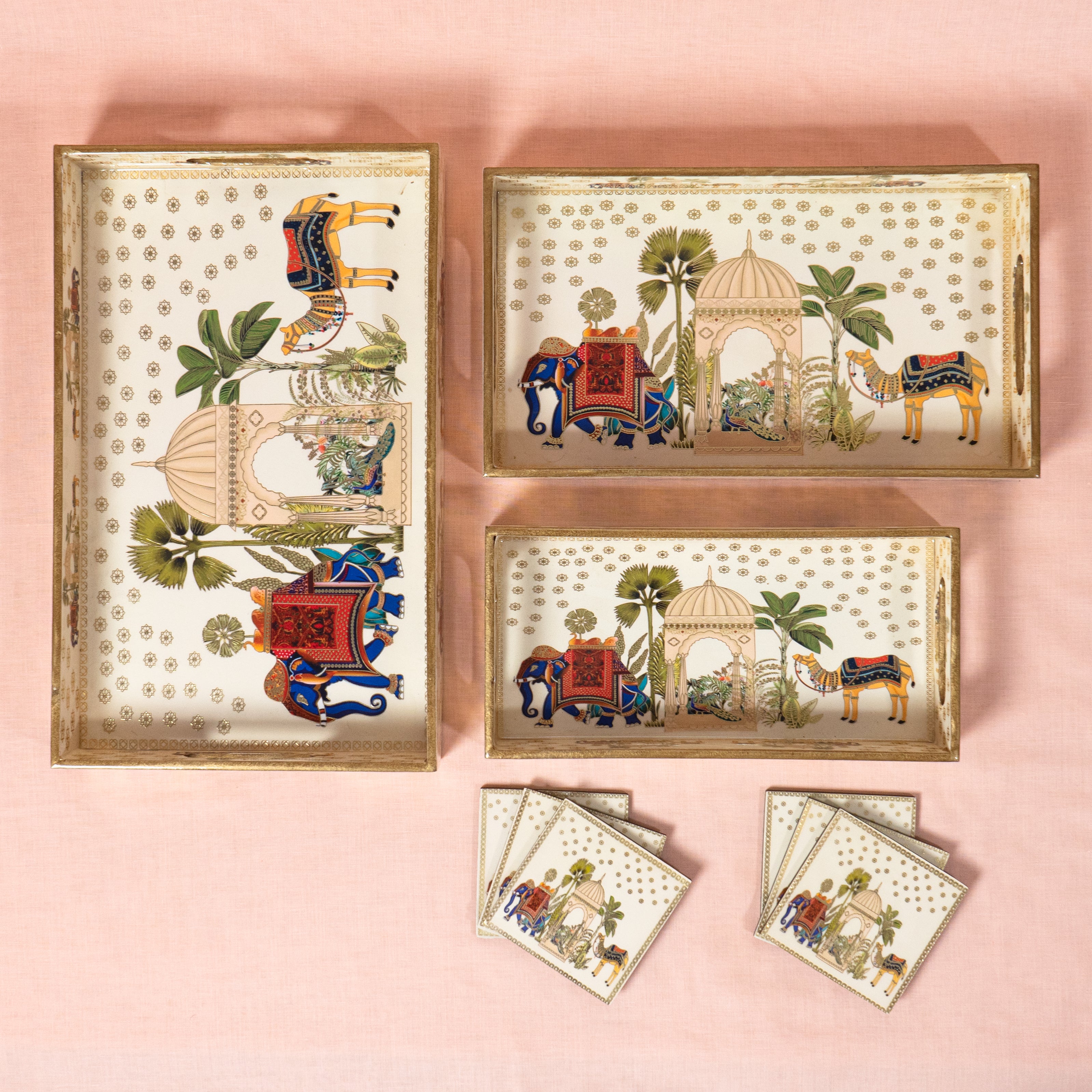 Premium Wooden Tray Set of 3 with 6 Coasters | Large, Medium & Small Sizes for Serving, Dining & Decor