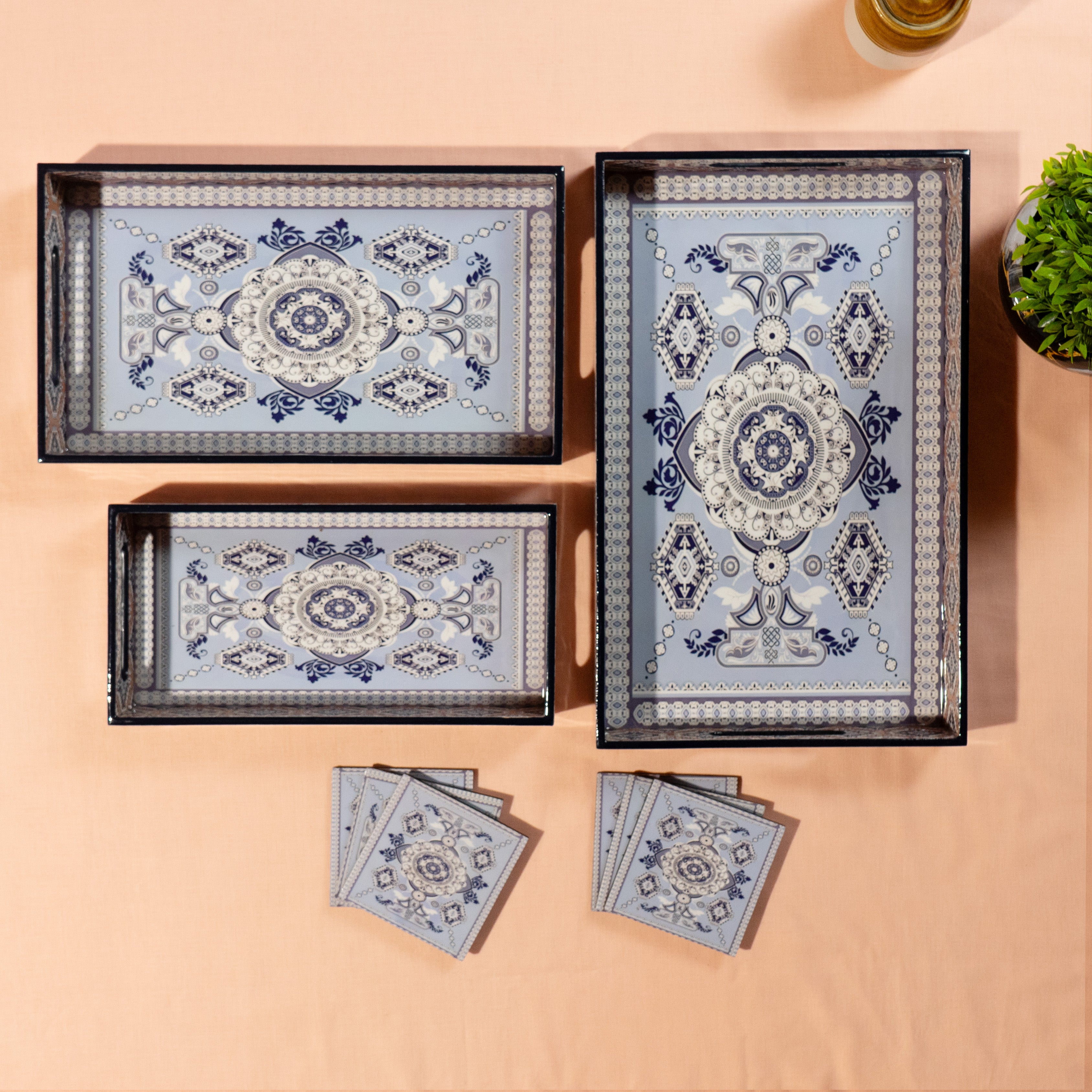 Premium Wooden Tray Set of 3 with 6 Coasters | Large, Medium & Small Sizes for Serving, Dining & Decor