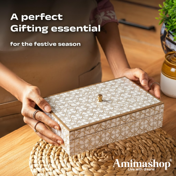 Wooden Handcrafted Spice Box with 6 Containers | Wooden Masala Box for Kitchen Storage | Multipurpose Dry Fruit Box & Condiment Organizer | White Gold Design (10 x 8.5 x 3 Inches)