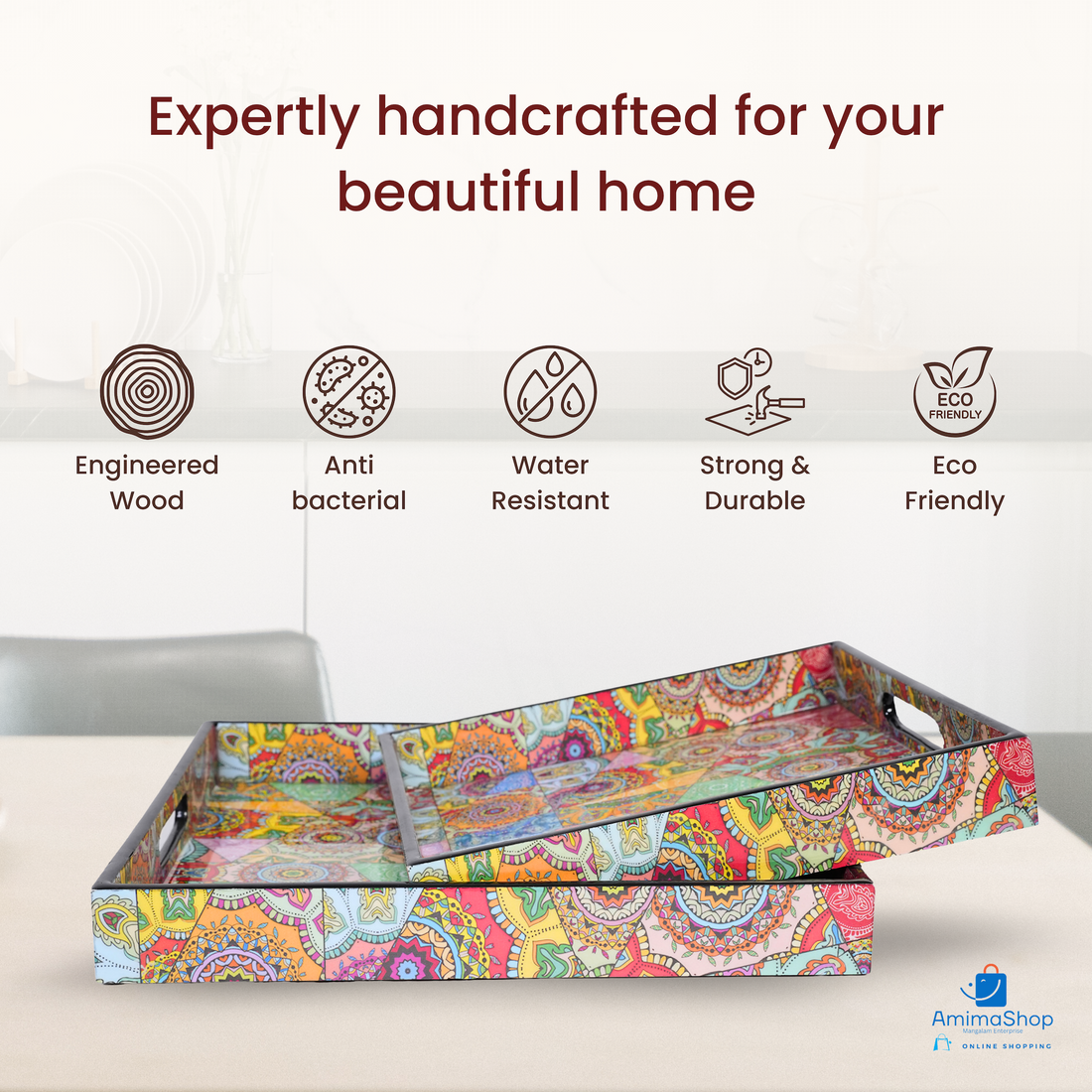 Amimashop® Multicolor Set of 2 Wooden Serving Trays 12"& 14"