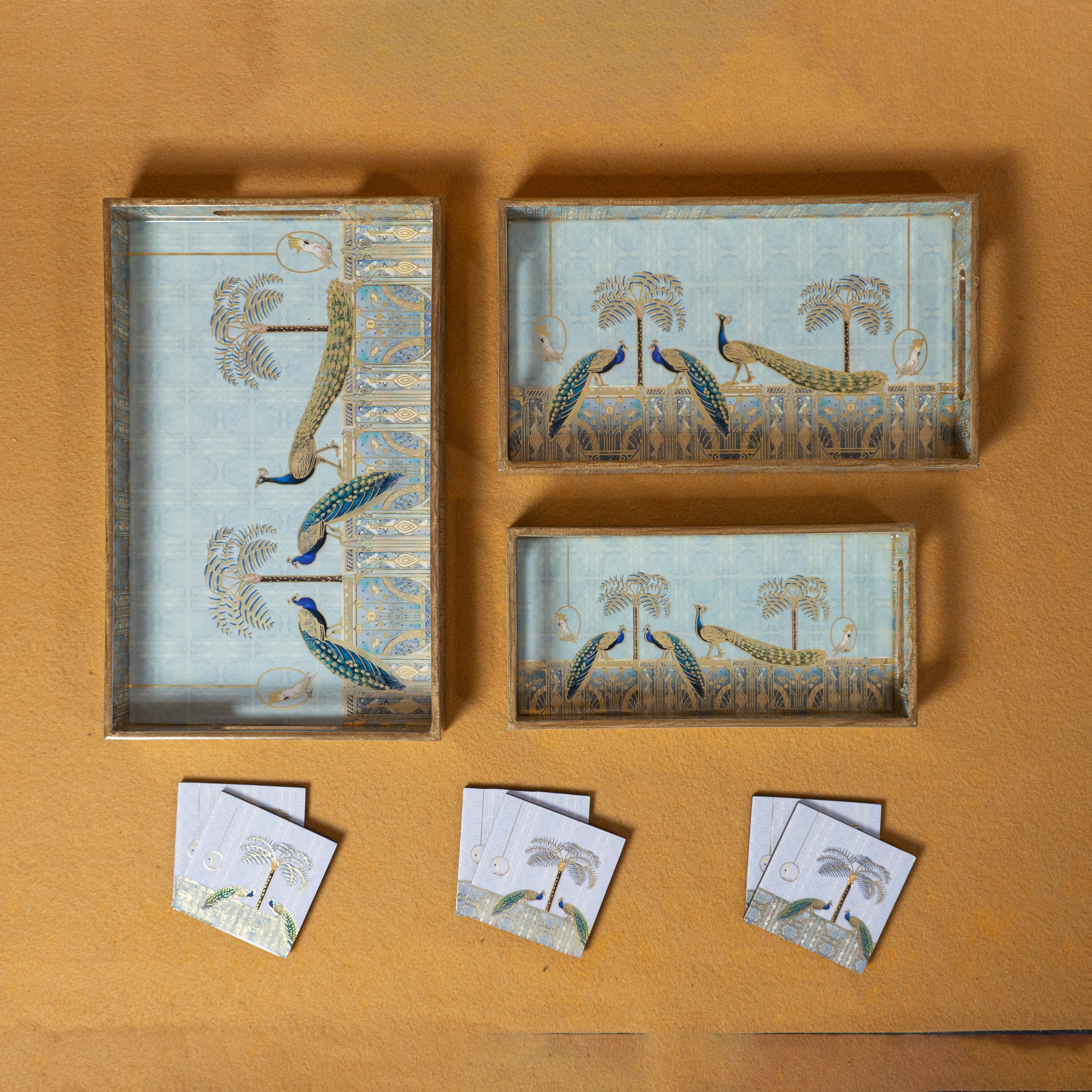 Premium Wooden Tray Set of 3 with 6 Coasters | Large, Medium & Small Sizes for Serving, Dining & Decor