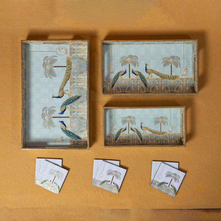 Premium Wooden Tray Set of 3 with 6 Coasters | Large, Medium & Small Sizes for Serving, Dining & Decor