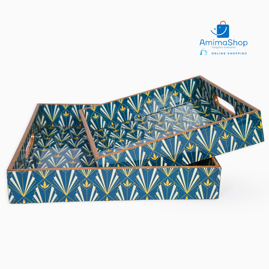 Amimashop® Blue Set of 2 Wooden Serving Trays 12"& 14"