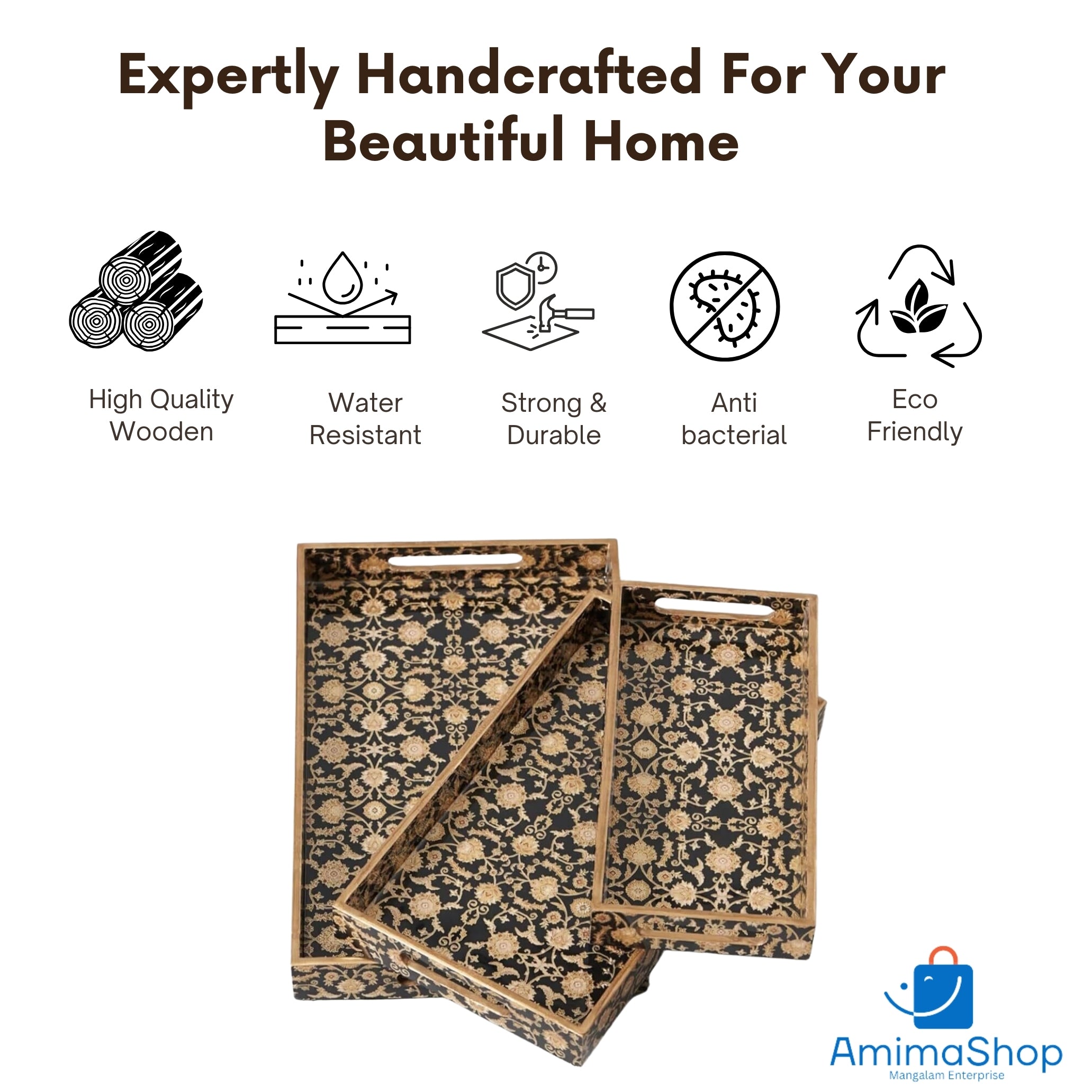 Black Design Set of 3 Rectangular Wooden Serving Trays (16", 14", 12") | Premium Mango Wood Tray Set for Kitchen, Dining, Tea/Coffee, Breakfast & Home Décor | Handcrafted Decorative Wooden Trays for Gift & Serving