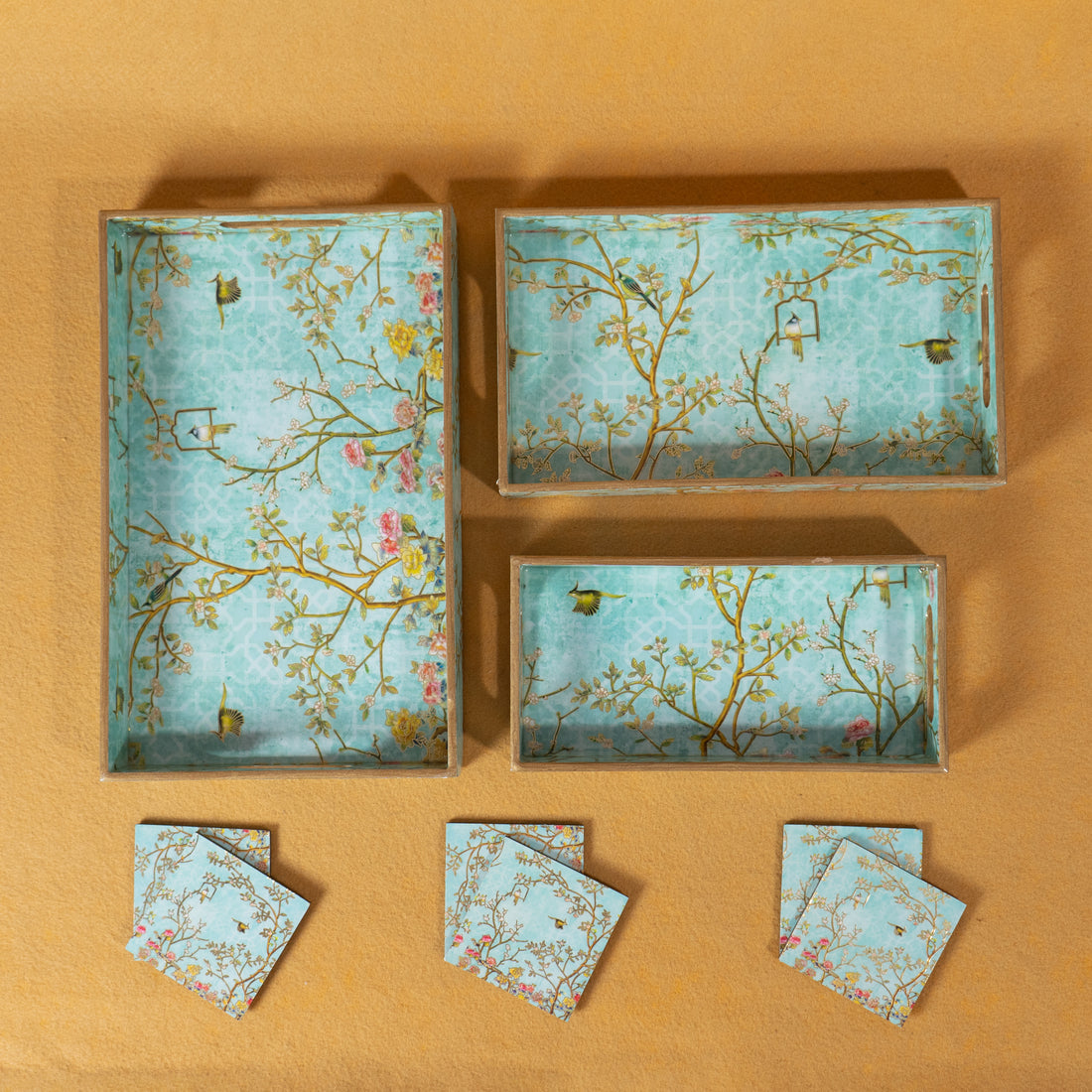 Premium Wooden Tray Set of 3 with 6 Coasters | Large, Medium & Small Sizes for Serving, Dining & Decor
