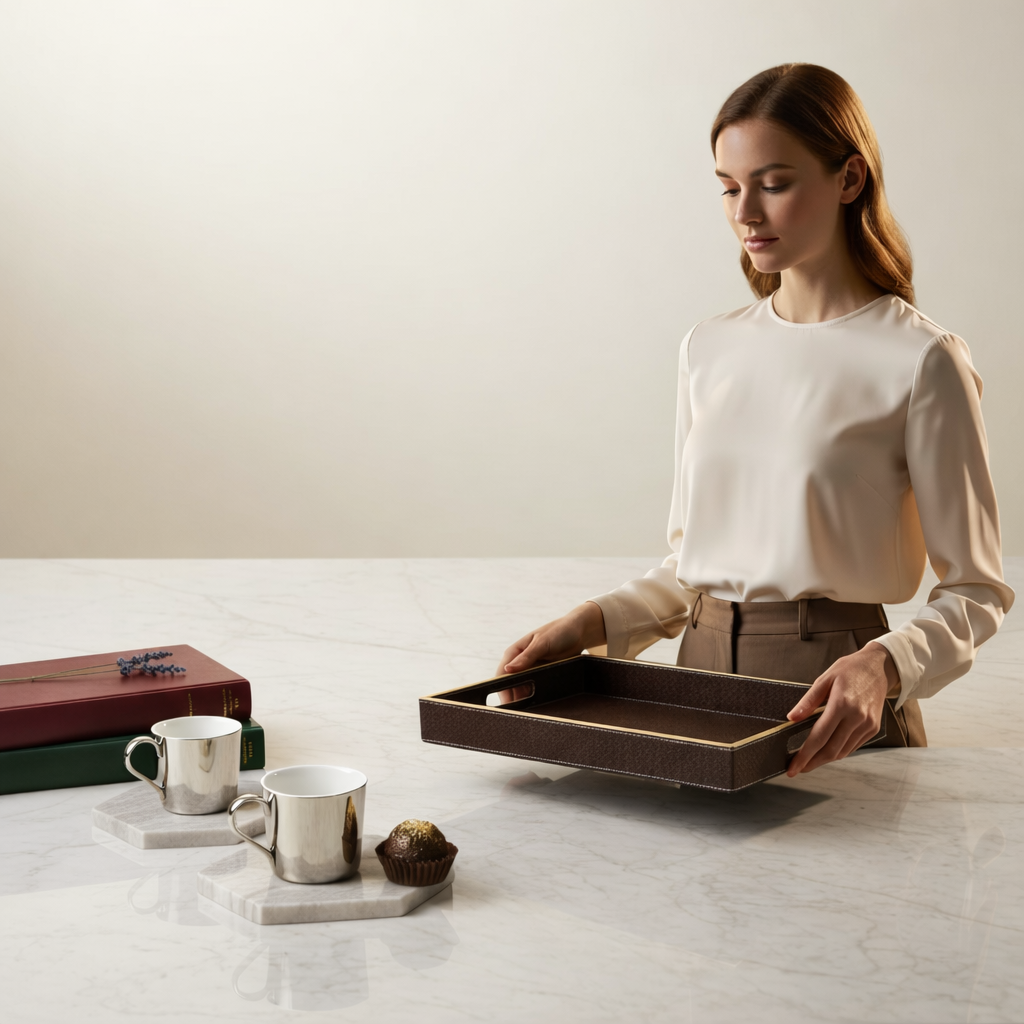 Large Wooden Serving Tray with Leather Finish | Big Size Rectangular Tray for Serving Tea, Coffee & Breakfast | 16 x 14 Inch Premium Snack Tray (BROWN)