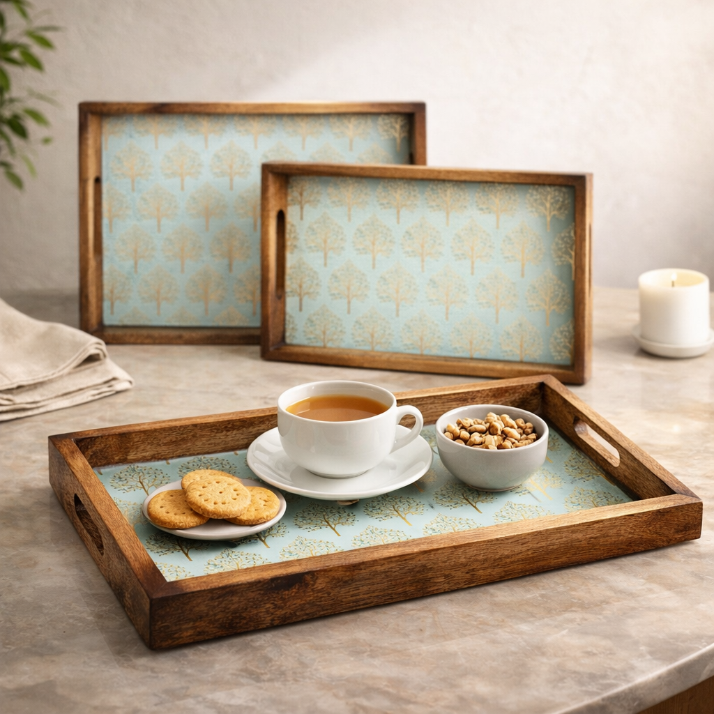 Wooden Serving Tray with Gold Engraving | Rectangle Trays Set of 3 | Serving Trays | Wooden Tray | Enamel Coated Waterproof |Size : 16 x 10 inch, 14 x 8 inch & 12 x 6 inch