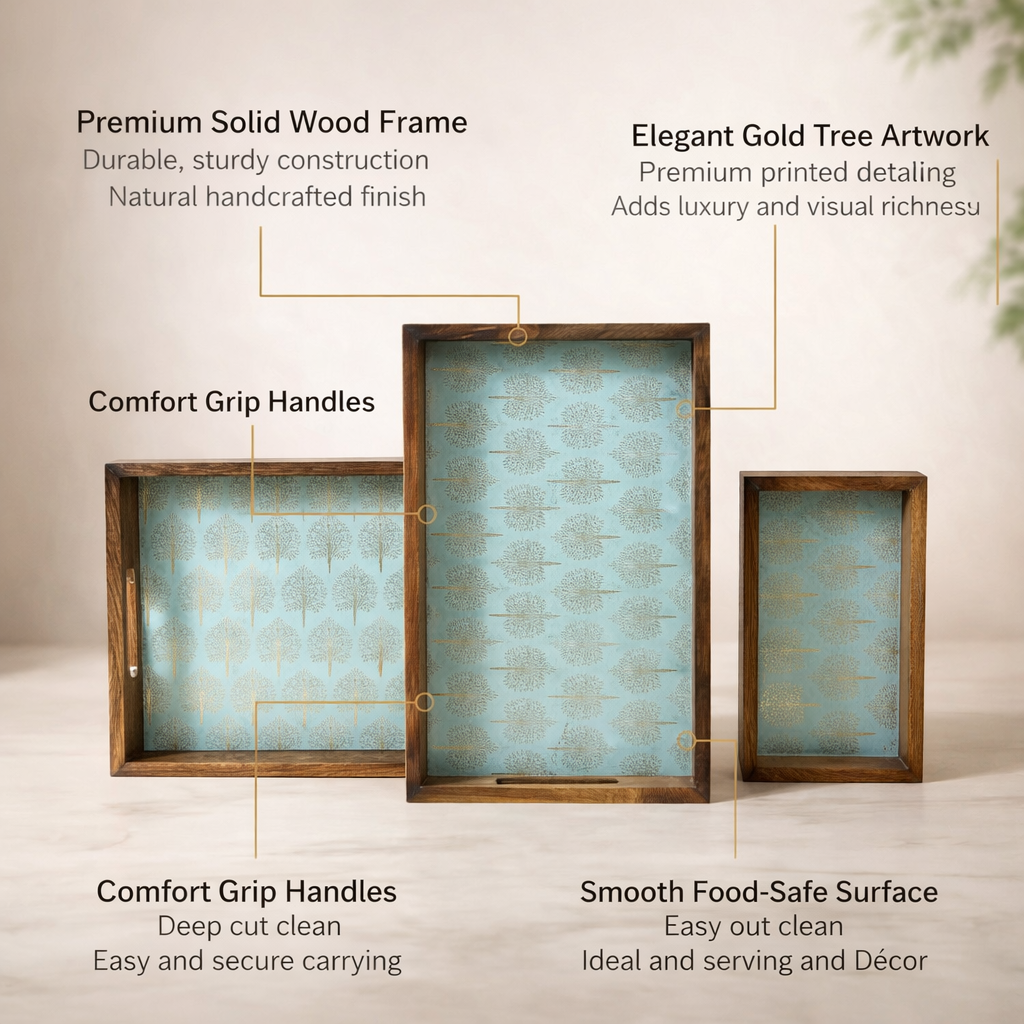 Wooden Serving Tray with Gold Engraving | Rectangle Trays Set of 3 | Serving Trays | Wooden Tray | Enamel Coated Waterproof |Size : 16 x 10 inch, 14 x 8 inch & 12 x 6 inch