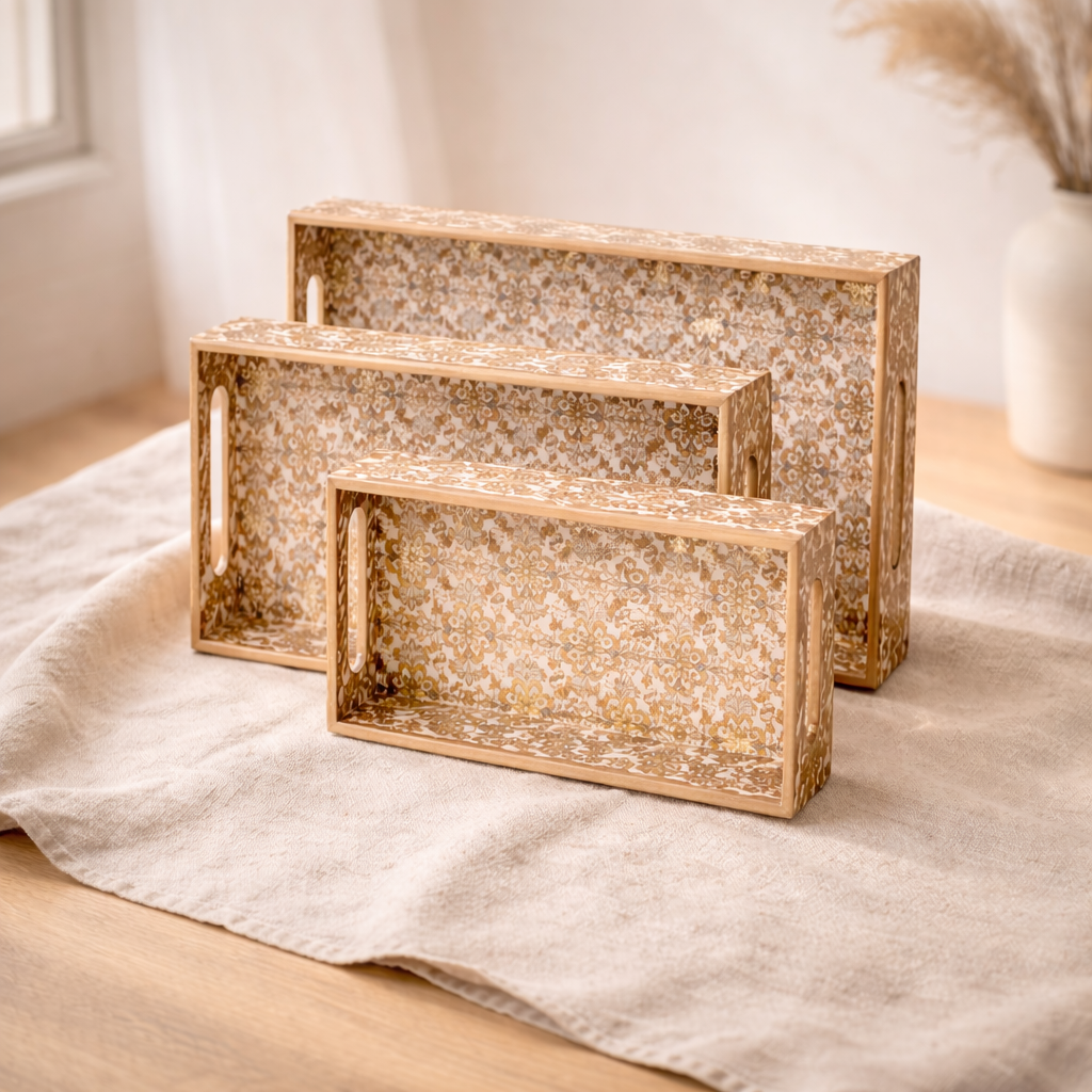 Gold Set of 3 Rectangular Wooden Serving Trays 16", 14", 12"