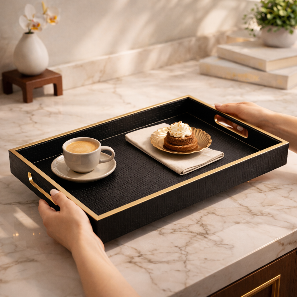 Large Wooden Serving Tray with Leather Finish | Big Size Rectangular Tray for Serving Tea, Coffee & Breakfast | 16 x 14 Inch Premium Snack Tray (BLACK)