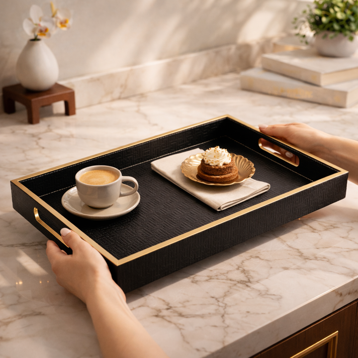 Large Wooden Serving Tray with Leather Finish | Big Size Rectangular Tray for Serving Tea, Coffee & Breakfast | 16 x 14 Inch Premium Snack Tray (BLACK)