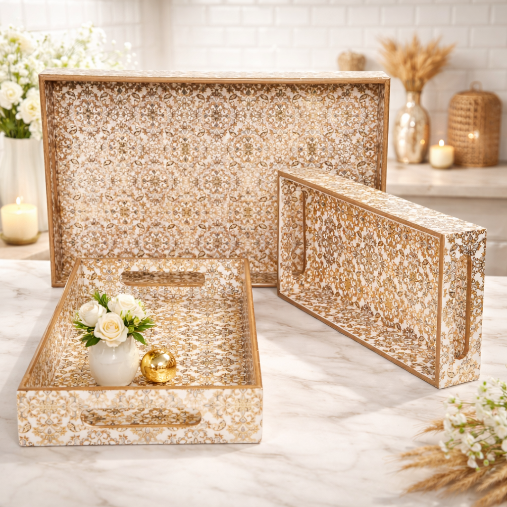 Gold Set of 3 Rectangular Wooden Serving Trays 16", 14", 12"