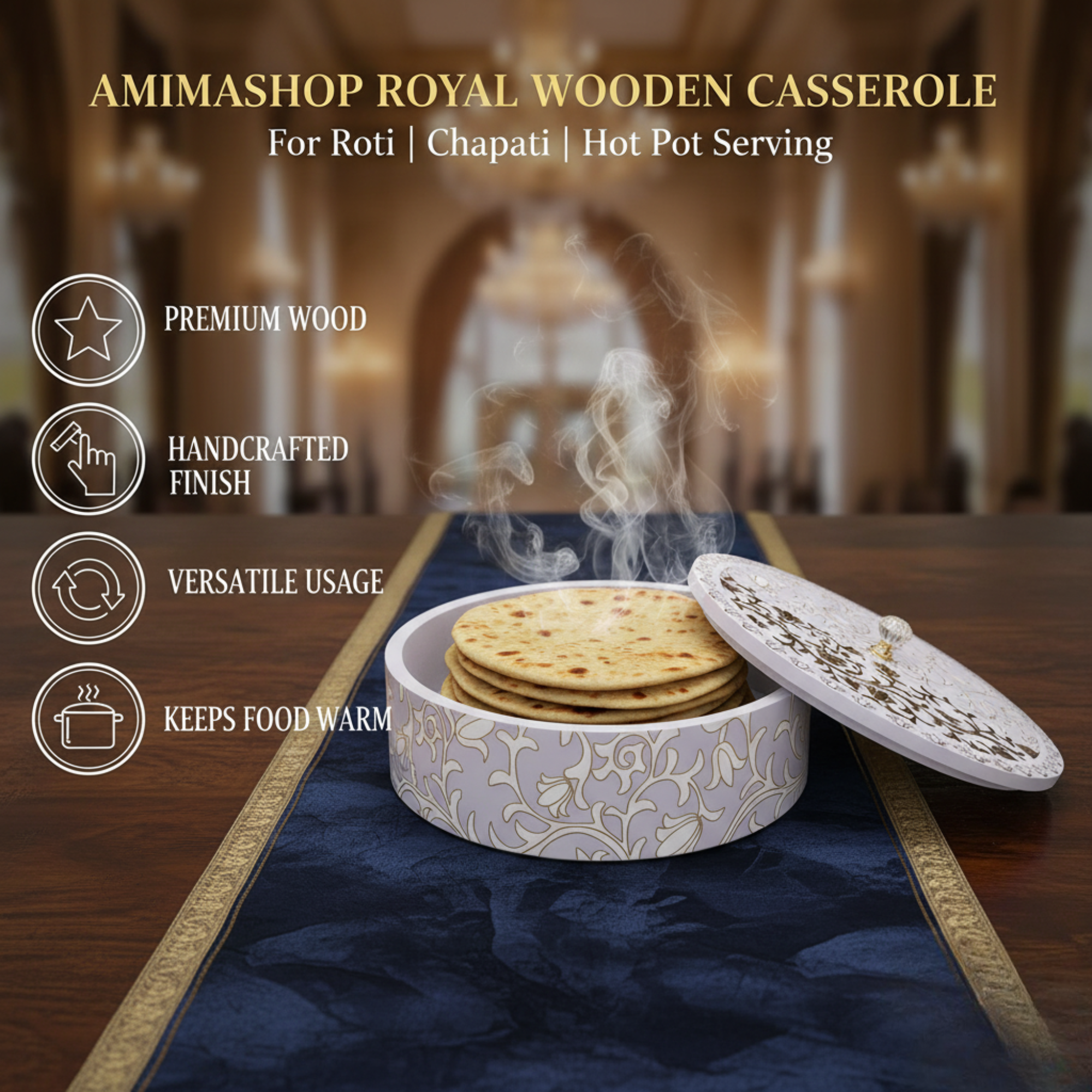 Wooden Casserole Set with Lid (9x9x4 Inches) | Premium Wood Chapati Box for Kitchen & Dining Table | Handmade Hot Casserole Bowl for Roti, Bread & Food Storage