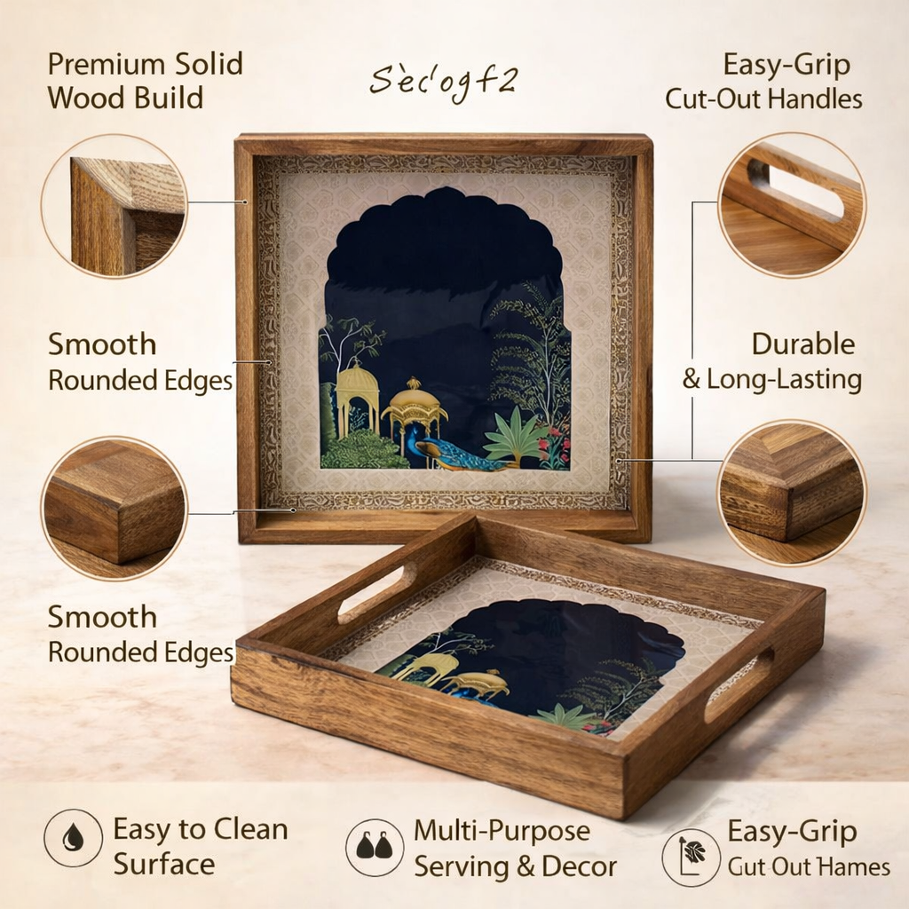 Serving Tray| Set of 2 | Size : 12 x 12 inch & 10 x 10 inch | Square Trays | Wooden Tray for Decoration | Wooden Tray Set for Serving