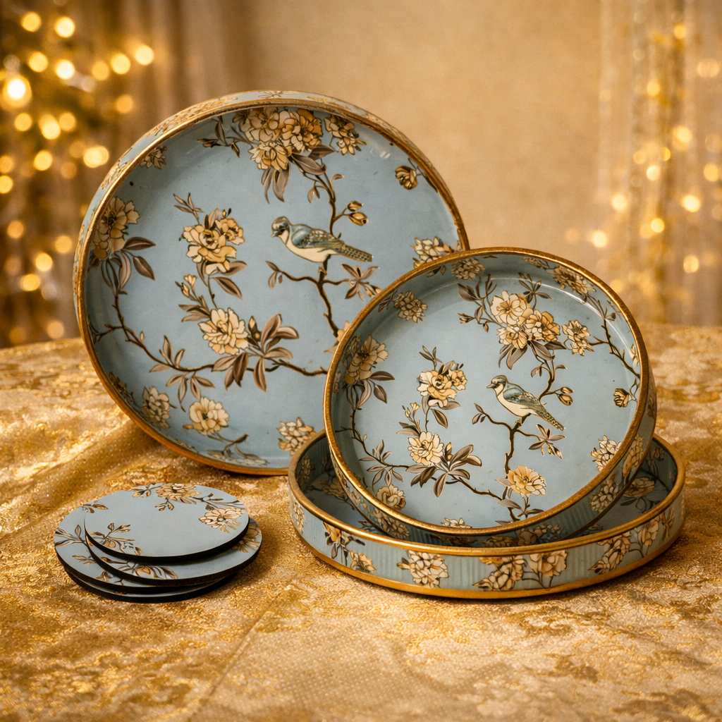 Set of 3 Wooden Serving Trays with Matching Coasters Round Multipurpose Trays for Kitchen Dining Table Top Tea Coffee Snacks Home Decor Large 12" Medium 10" Small 8" Inch (Light Green)