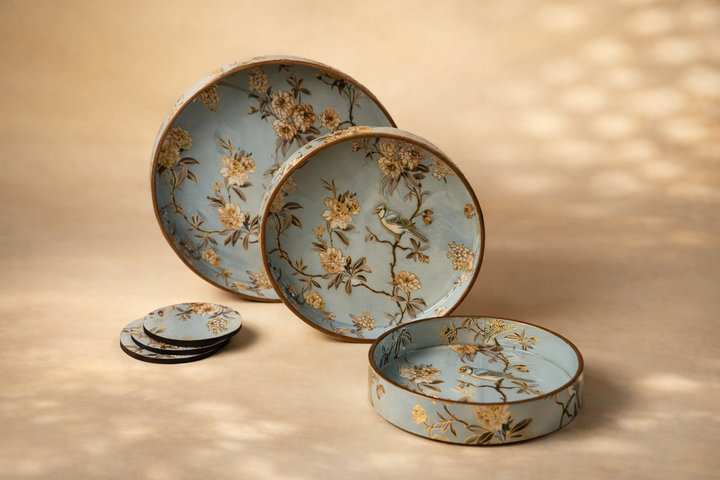 Set of 3 Wooden Serving Trays with Matching Coasters Round Multipurpose Trays for Kitchen Dining Table Top Tea Coffee Snacks Home Decor Large 12" Medium 10" Small 8" Inch (Light Green)