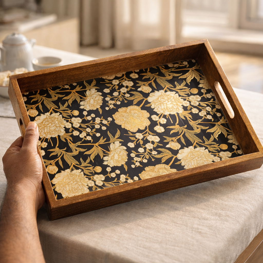 Serving Tray Large| Big Tray | Kitchen Serving Tray| | Wood Tray |Wooden Tray Decoration | Rectangular Serving Tray Waterproof | Wooden Tray Large Size of 16 x 10 inch (Set-1)