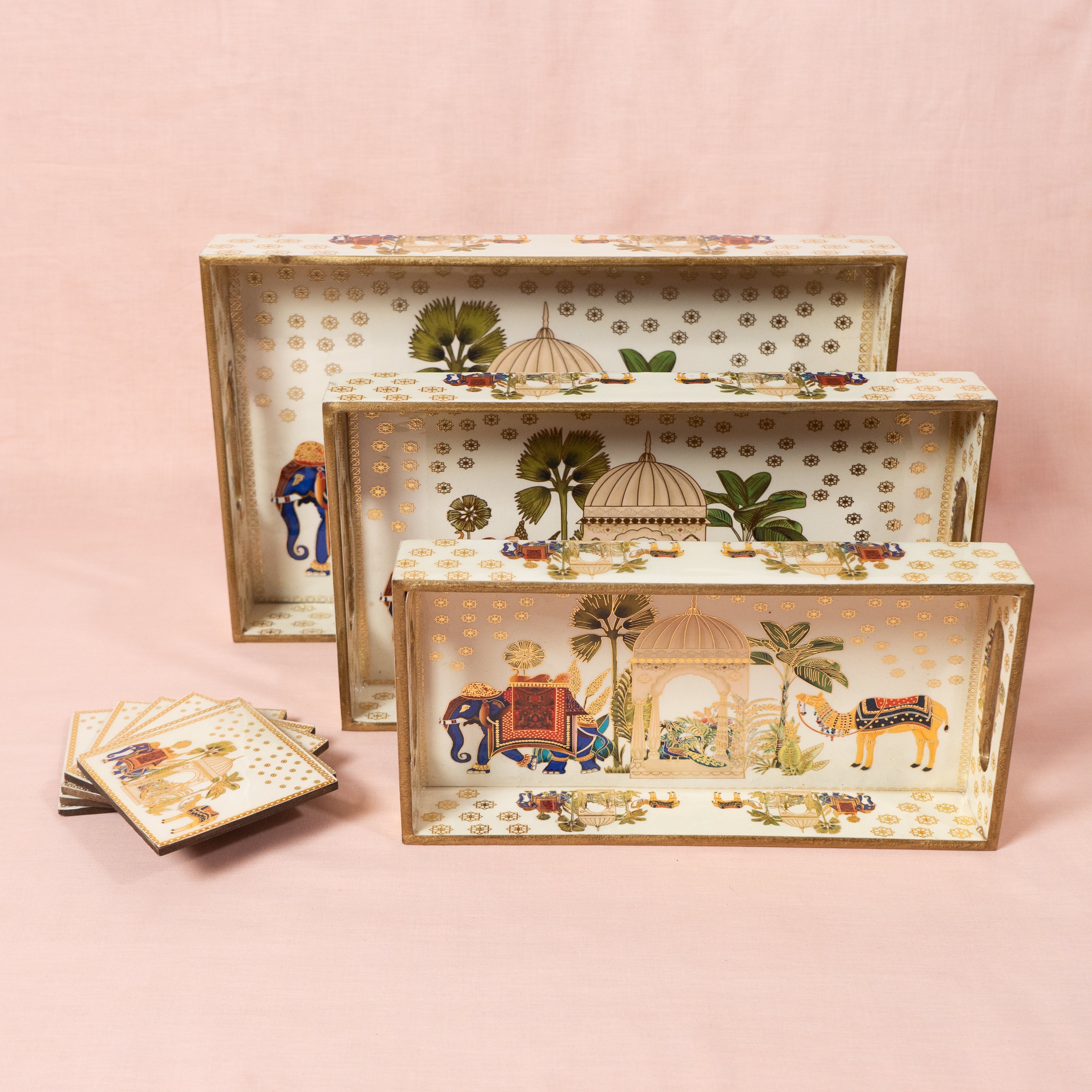 Premium Wooden Tray Set of 3 with 6 Coasters | Large, Medium & Small Sizes for Serving, Dining & Decor