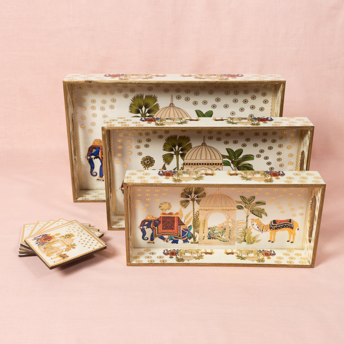 Premium Wooden Tray Set of 3 with 6 Coasters | Large, Medium & Small Sizes for Serving, Dining & Decor