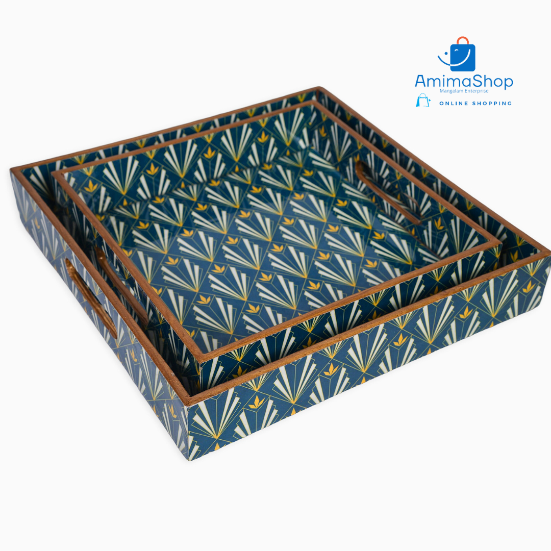 Amimashop® Blue Set of 2 Wooden Serving Trays 12"& 14"