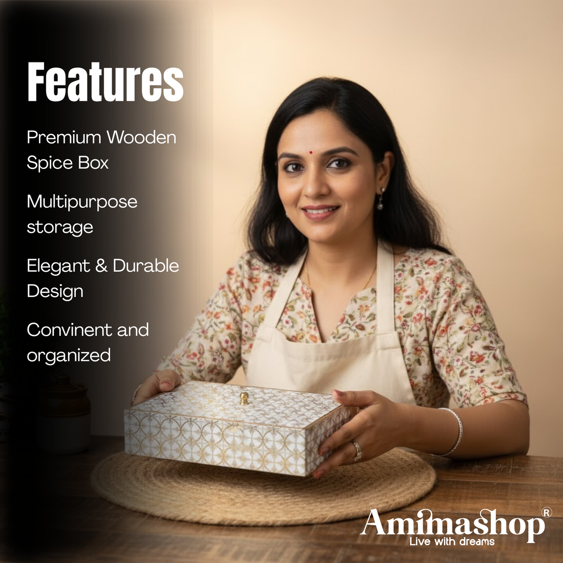 Wooden Handcrafted Spice Box with 6 Containers | Wooden Masala Box for Kitchen Storage | Multipurpose Dry Fruit Box & Condiment Organizer | White Gold Design (10 x 8.5 x 3 Inches)