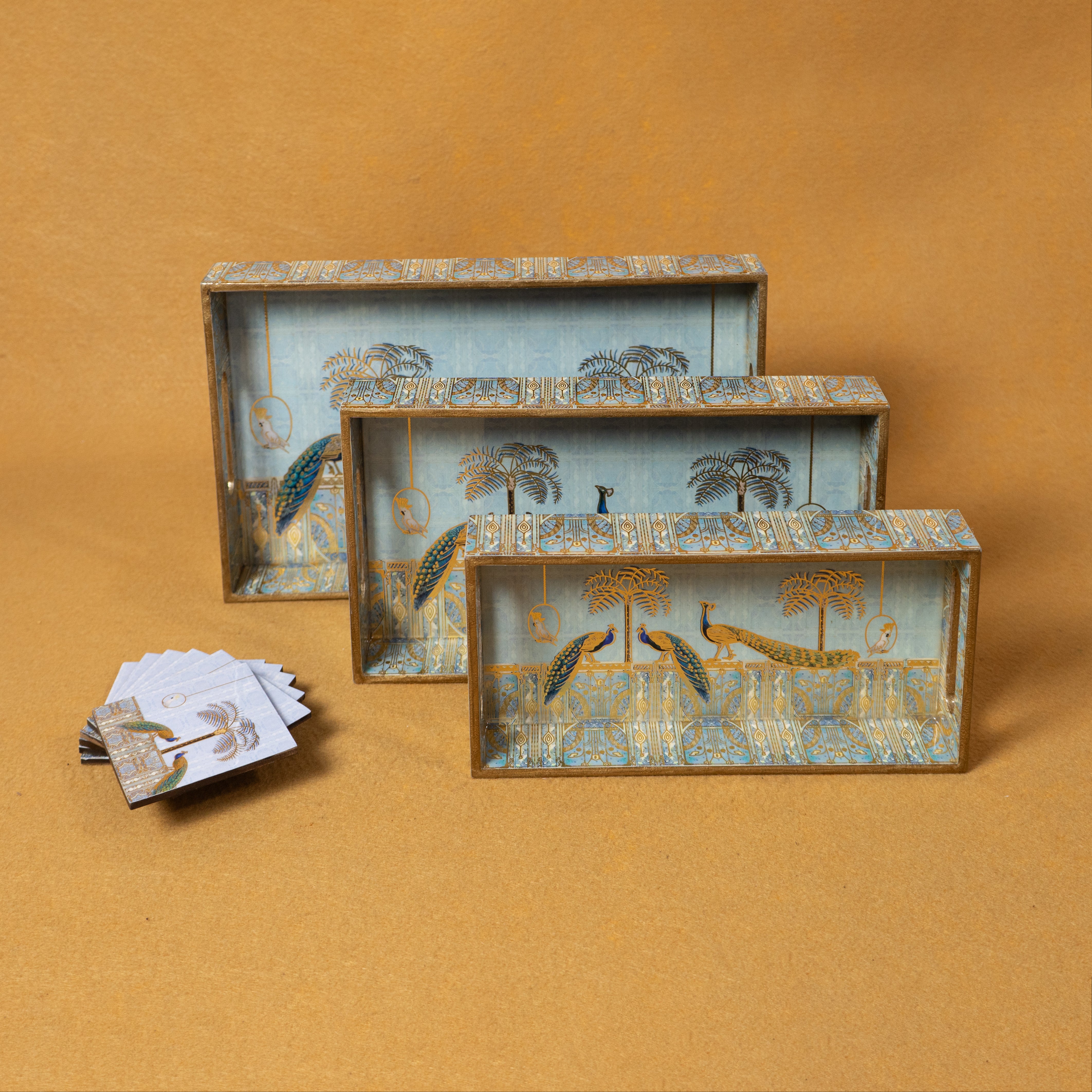 Premium Wooden Tray Set of 3 with 6 Coasters | Large, Medium & Small Sizes for Serving, Dining & Decor