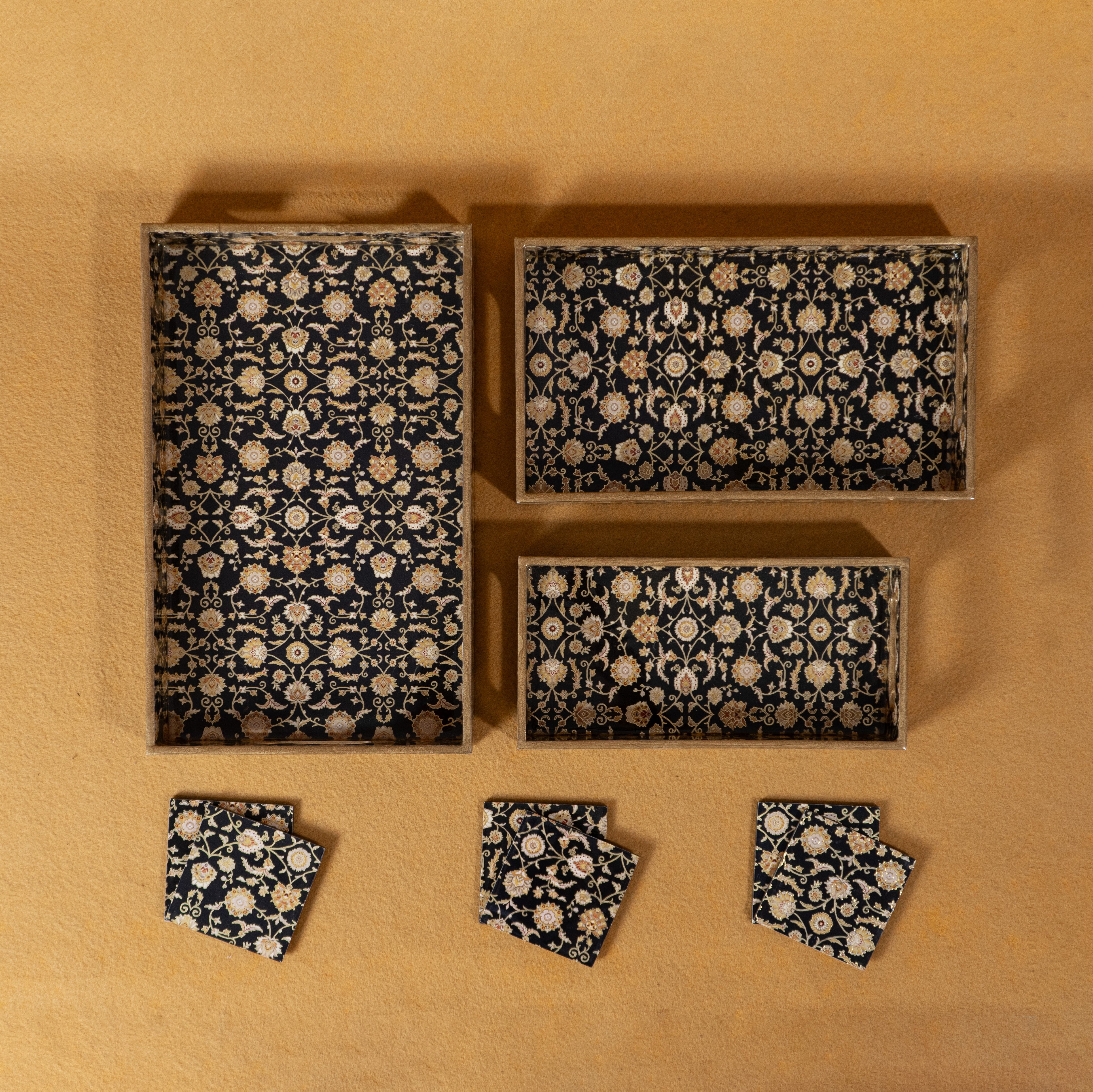 Premium Wooden Tray Set of 3 with 6 Coasters | Large, Medium & Small Sizes for Serving, Dining & Decor