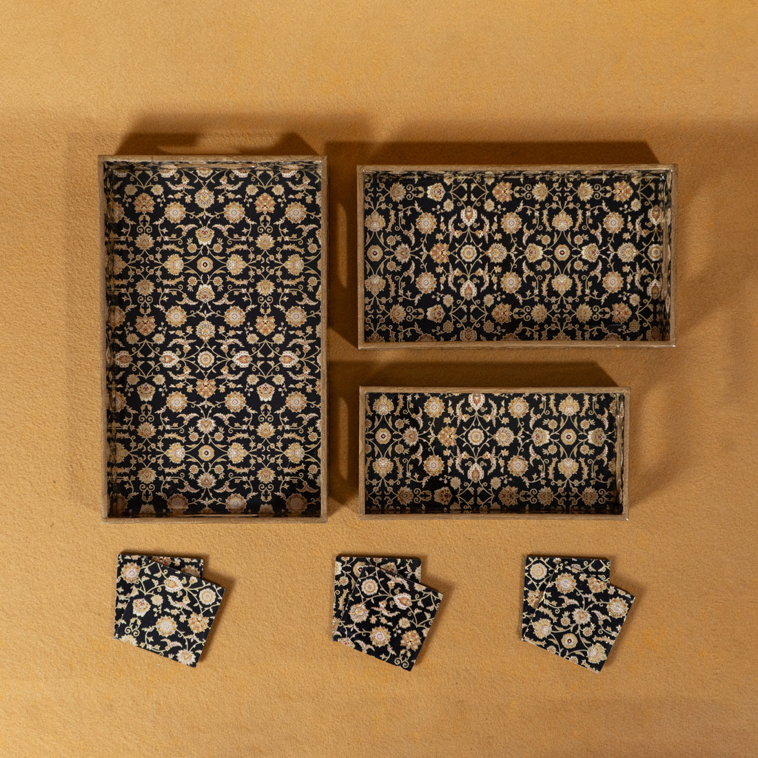 Premium Wooden Tray Set of 3 with 6 Coasters | Large, Medium & Small Sizes for Serving, Dining & Decor