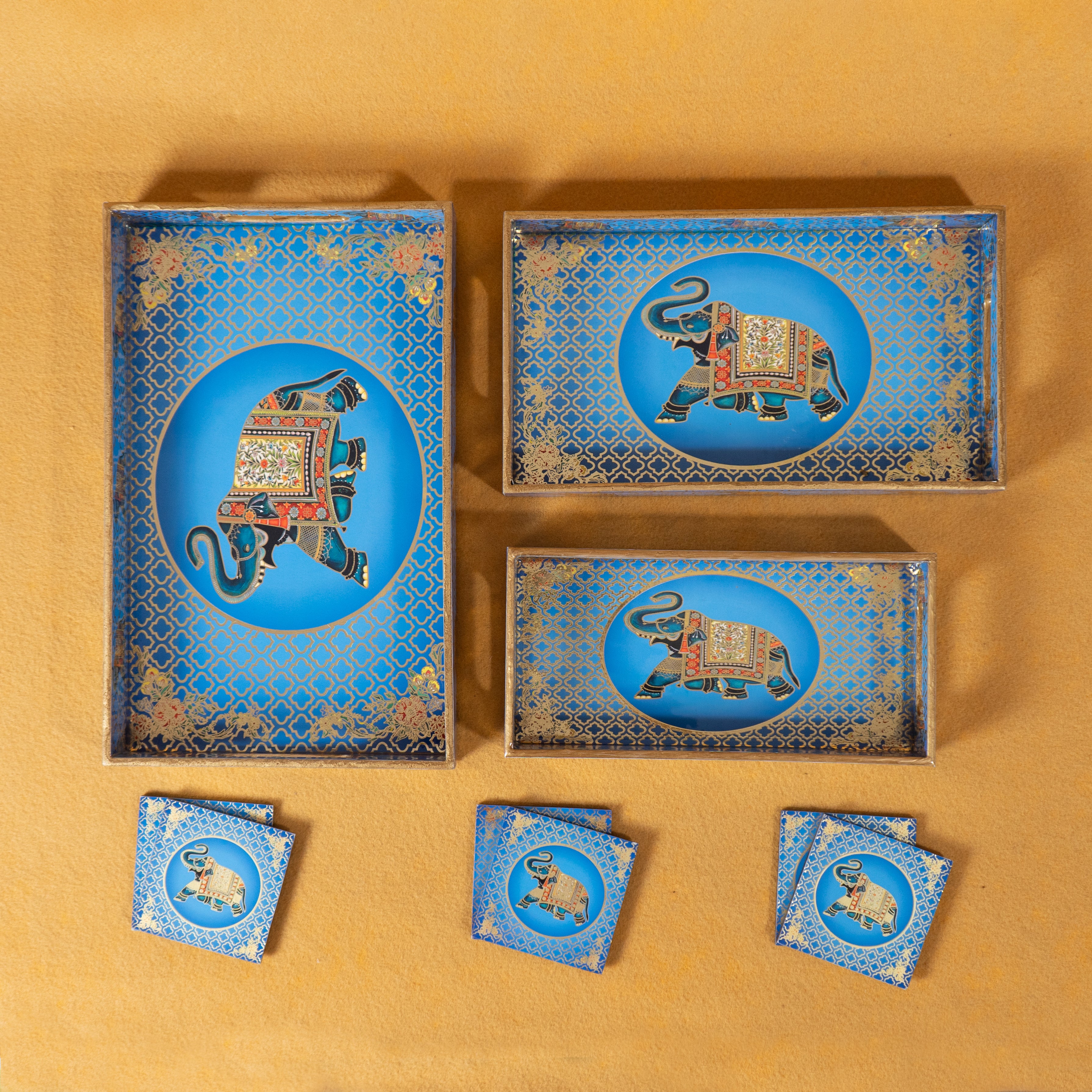 Premium Wooden Tray Set of 3 with 6 Coasters | Large, Medium & Small Sizes for Serving, Dining & Decor