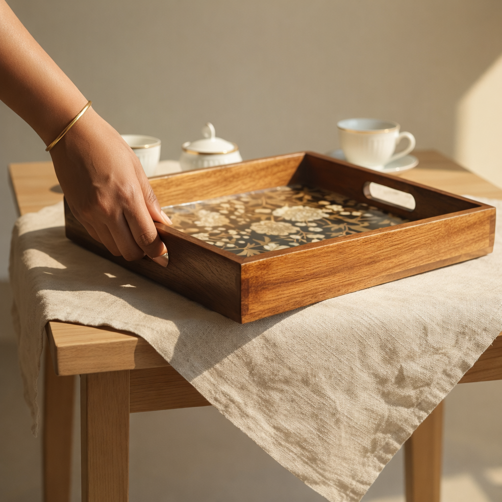 Serving Tray Large| Big Tray | Kitchen Serving Tray| | Wood Tray |Wooden Tray Decoration | Rectangular Serving Tray Waterproof | Wooden Tray Large Size of 16 x 10 inch (Set-1)