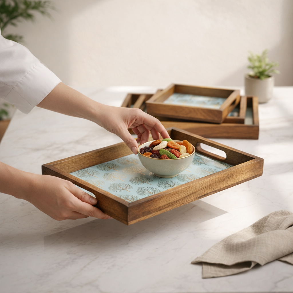 Wooden Serving Tray with Gold Engraving | Rectangle Trays Set of 3 | Serving Trays | Wooden Tray | Enamel Coated Waterproof |Size : 16 x 10 inch, 14 x 8 inch & 12 x 6 inch