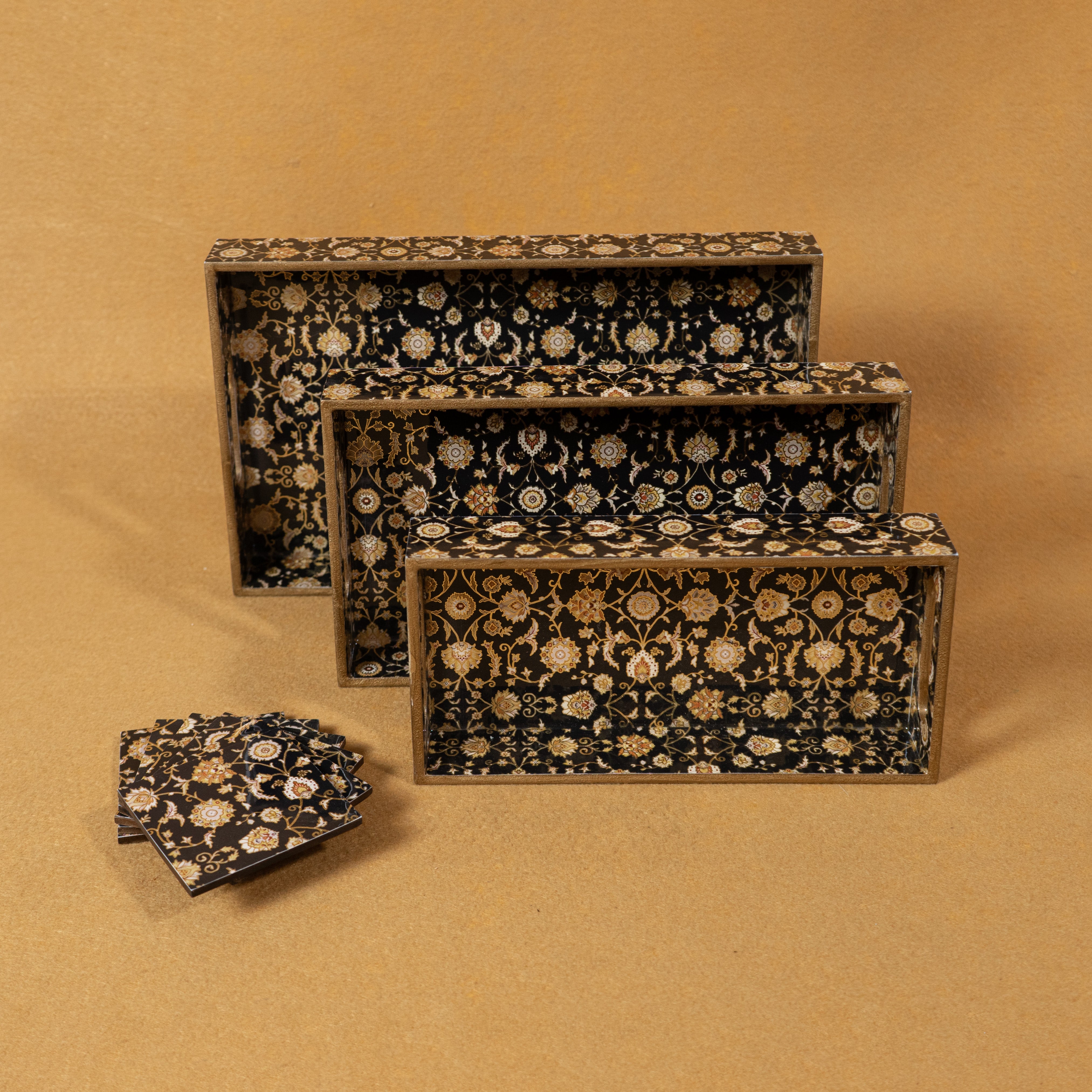 Premium Wooden Tray Set of 3 with 6 Coasters | Large, Medium & Small Sizes for Serving, Dining & Decor