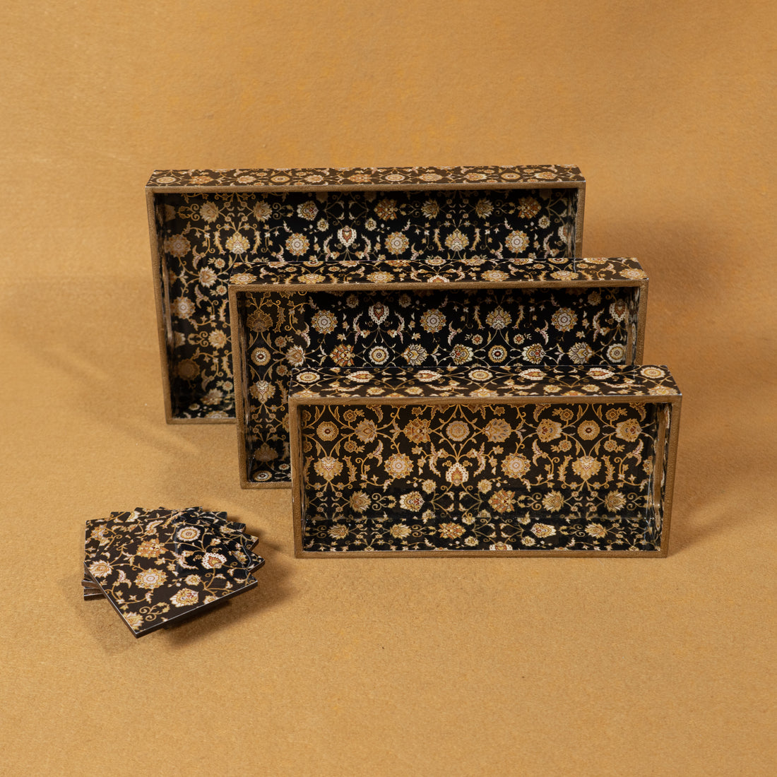 Premium Wooden Tray Set of 3 with 6 Coasters | Large, Medium & Small Sizes for Serving, Dining & Decor